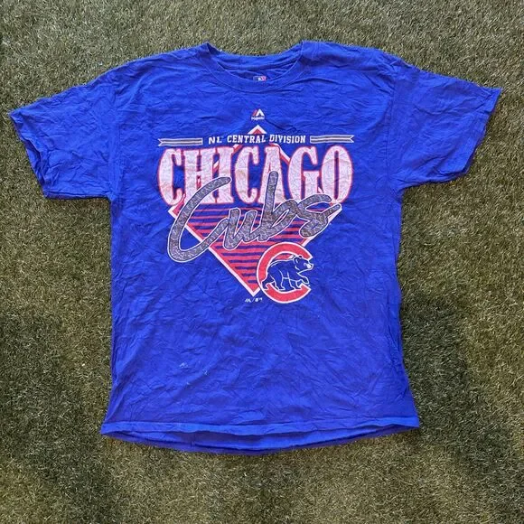 Vintage Y2K Majestic Chicago Cubs NL Central Division Mens Large Blue Tee Shirt - Picture 1 of 9